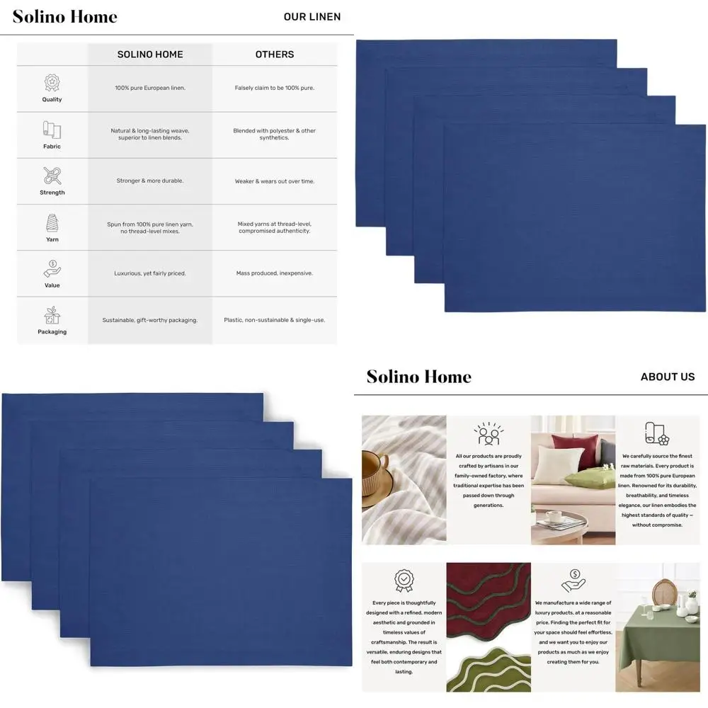 

Set of 4 Indigo Blue Linen Placemats, 14x19 Inches, Pure Linen for Winter Dining