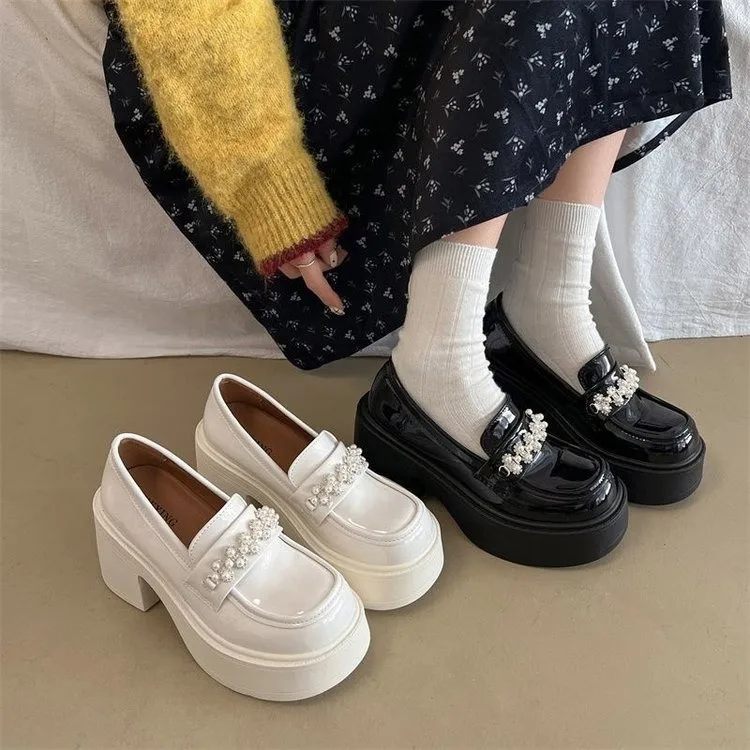 Women's Lace-Up Mesh Slip-On Shoes Diamond-Encrusted Thick-Heeled Flats Breathable Korean Style Spring Season All-Match