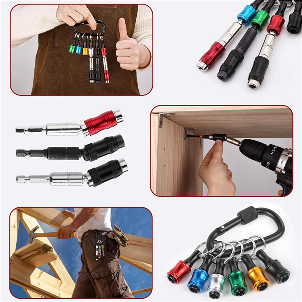 3 Pivoting Bit Tip Holder and 12 Bit Holder Keychain, 1/4 Inch Pivot Drill Bit Holder Quick Release Knuckle Bits Holder