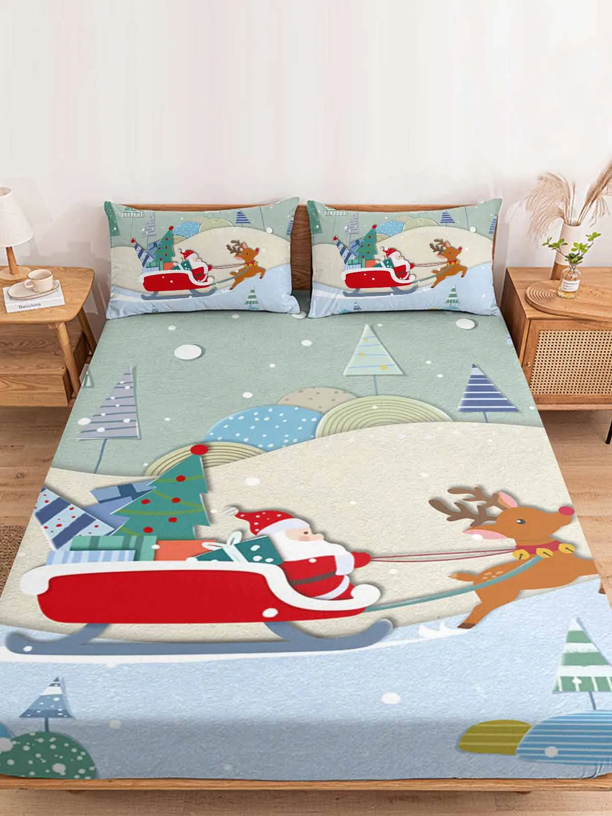 Santa Elk Snow Merry Christmas Sleigh Tree Polyester Fitted Sheet Mattress Cover Four Corners Elastic Band Bed Sheet Pilllowcase