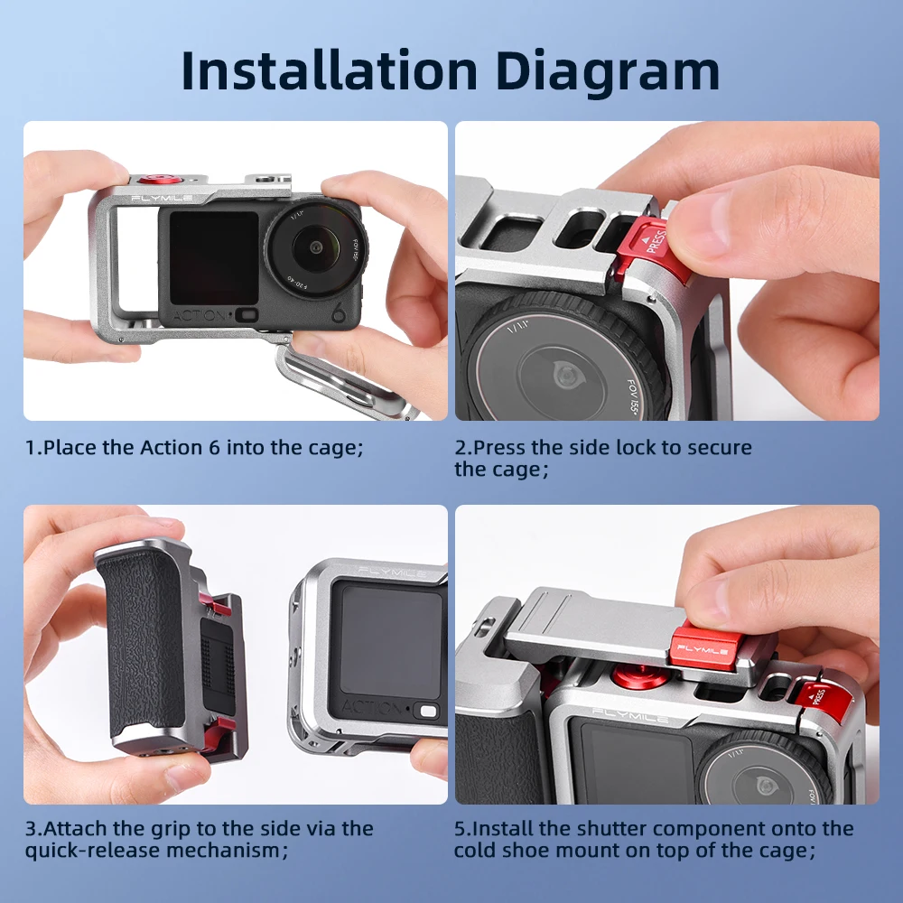 Flymile Action 6 Griff-Kit Metallkäfig für DJI Osmo Action 6 Straßenfotografie-Griff Erweiterungsadapter Video-Zubehör – Detail 10