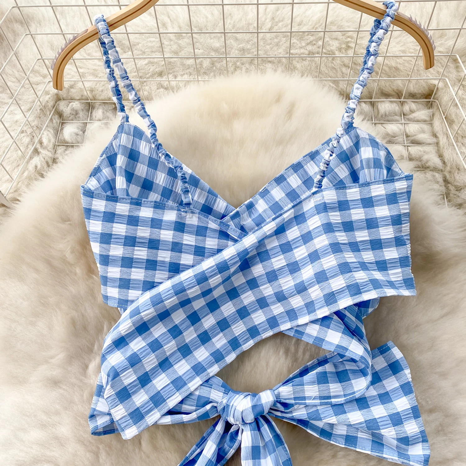 Chic Sexy doux Plaid sans manches dos nu croisé élégant mode française plage décontracté été femmes deux pièces ensemble