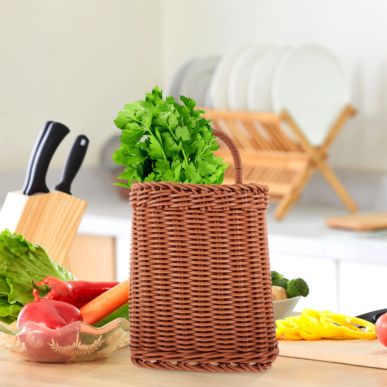 

Sturdy Square Brown Woven Hanging Basket Wall Mounted Storage Fruit Vegetable ganizer Smooth Edge Lasting Decorative