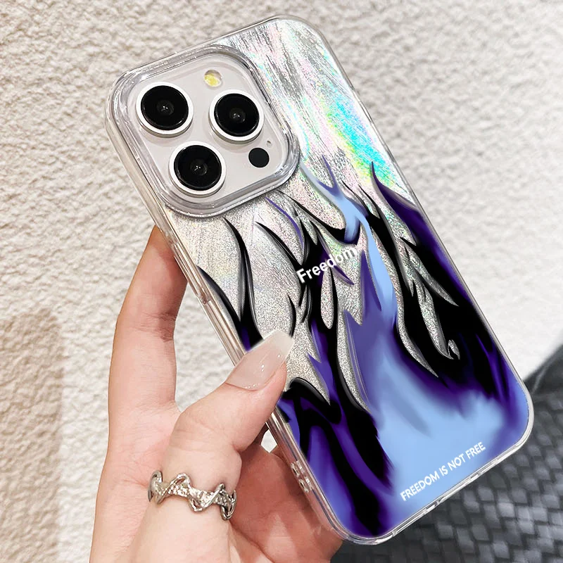Etui na telefon iPhone 16 15 E Pro Max 14 13 Pro 12 11 Plus z pełną ochroną aparatu, srebrne, dla kobiet i mężczyzn, niebieski płomień, błyszczące.
