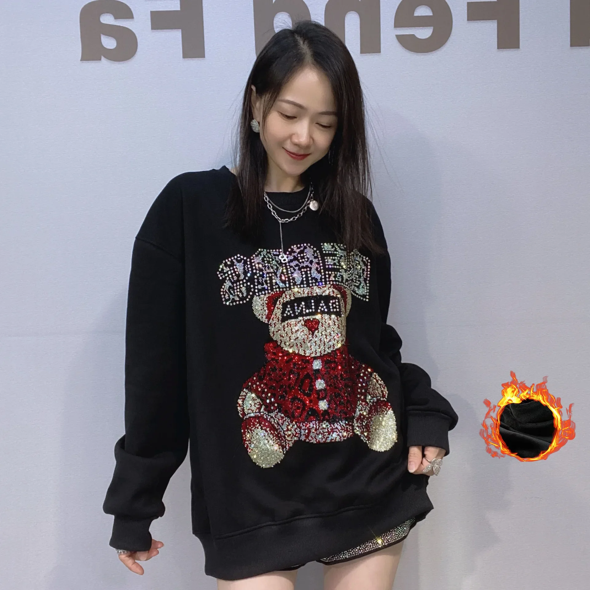 

Большие бархатные толстые пуловеры с капюшоном, женская зимняя одежда, трикотаж с рисунком медведя и бриллиантов, свободные толстовки Одежда Женская