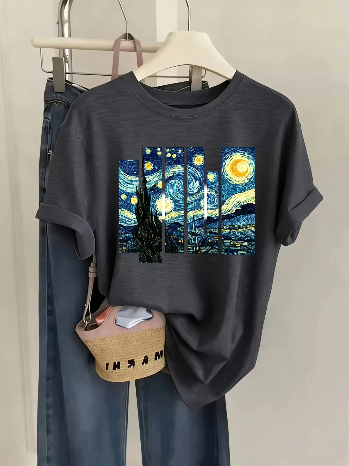 Unisex Van Gogh Starry Night Split Panel Art Graphic T‑Shirt Painting Print Crew Neck Short Sleeve Art Enthusiast Casual Tee Top