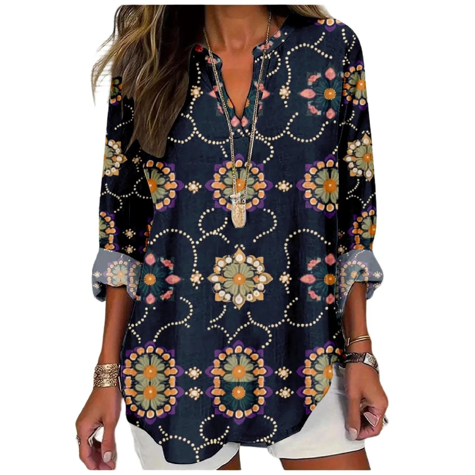 

Women's 3/4 V-neck T-shirt Casual summer top basic comfortable and versatile workwear bohemian resort shirt