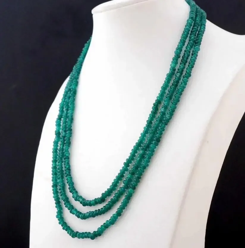 Beautiful NATURAL 3 Rows 2X4mm Faceted GREEN EMERALD BEADS NECKLACE AAA+ WW