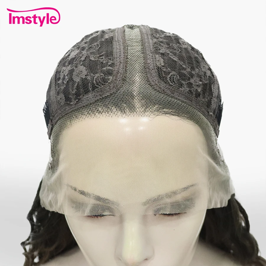 Imstyle-Peluca de encaje sintético para mujer, cabellera larga de onda profunda, color marrón degradado, parte media, resistente al calor, para