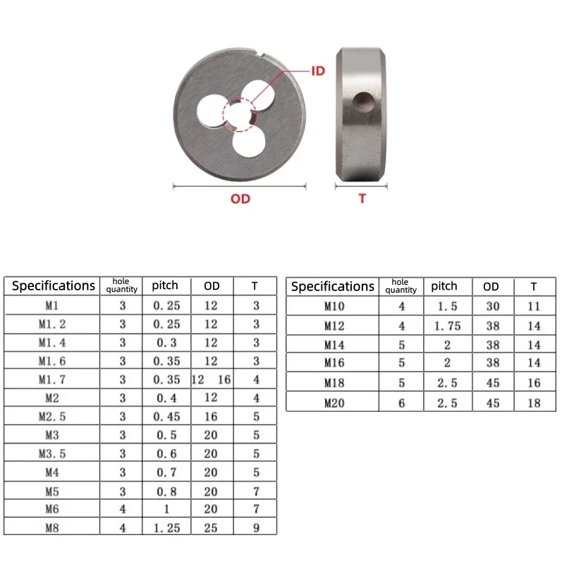 Screw Thread Die Metric M1~M20 UNC 1/2-13~10#-24 BSW 1/2-12~5/32-32 Right Hand for Metalworking Metric Die Hand Tool Alloy Steel