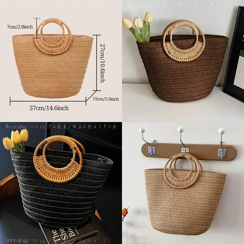Women Summer Woven Paper Tote Bag Large Capacity Solid Color Round Wooden Handle Beach Handbag Casual Outdoor Vacation