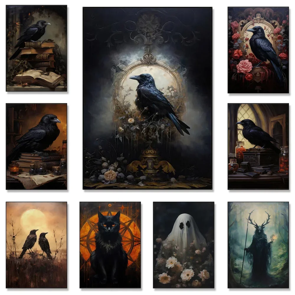 Diamantmalerei im viktorianischen Gothic-Stil, schwarze Katze, Rabe, Vintage, okkult, dunkle Hexerei, Krähe, Dekoration für die Wand im Zimmer