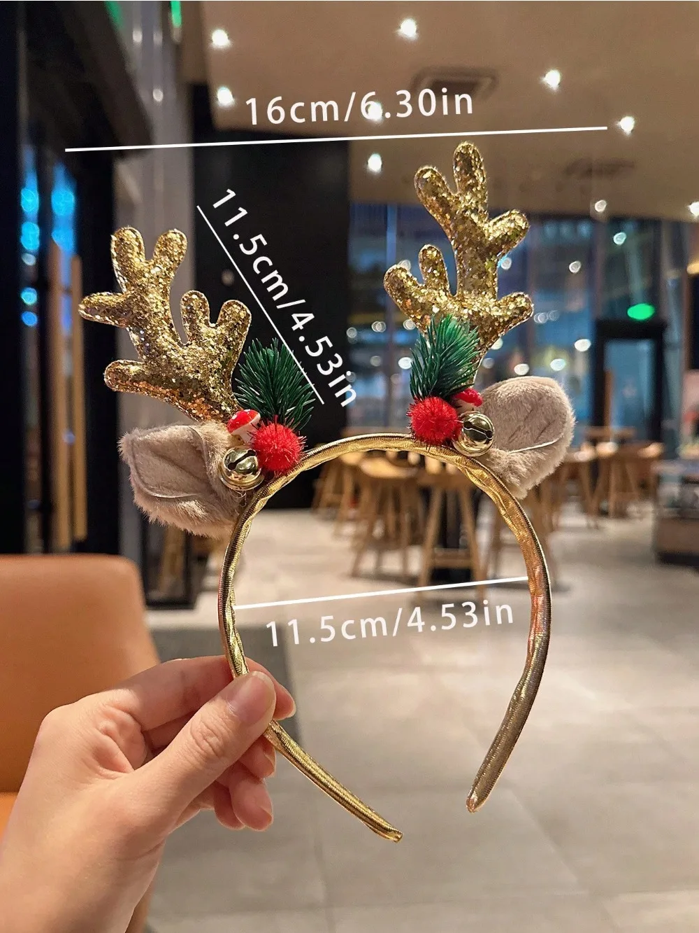 1pc Gold Sequin Mushroom Christmas Headband Big Deer Horn Bell Sequin Festive Headwear For Women Forest Style Hair Accessories