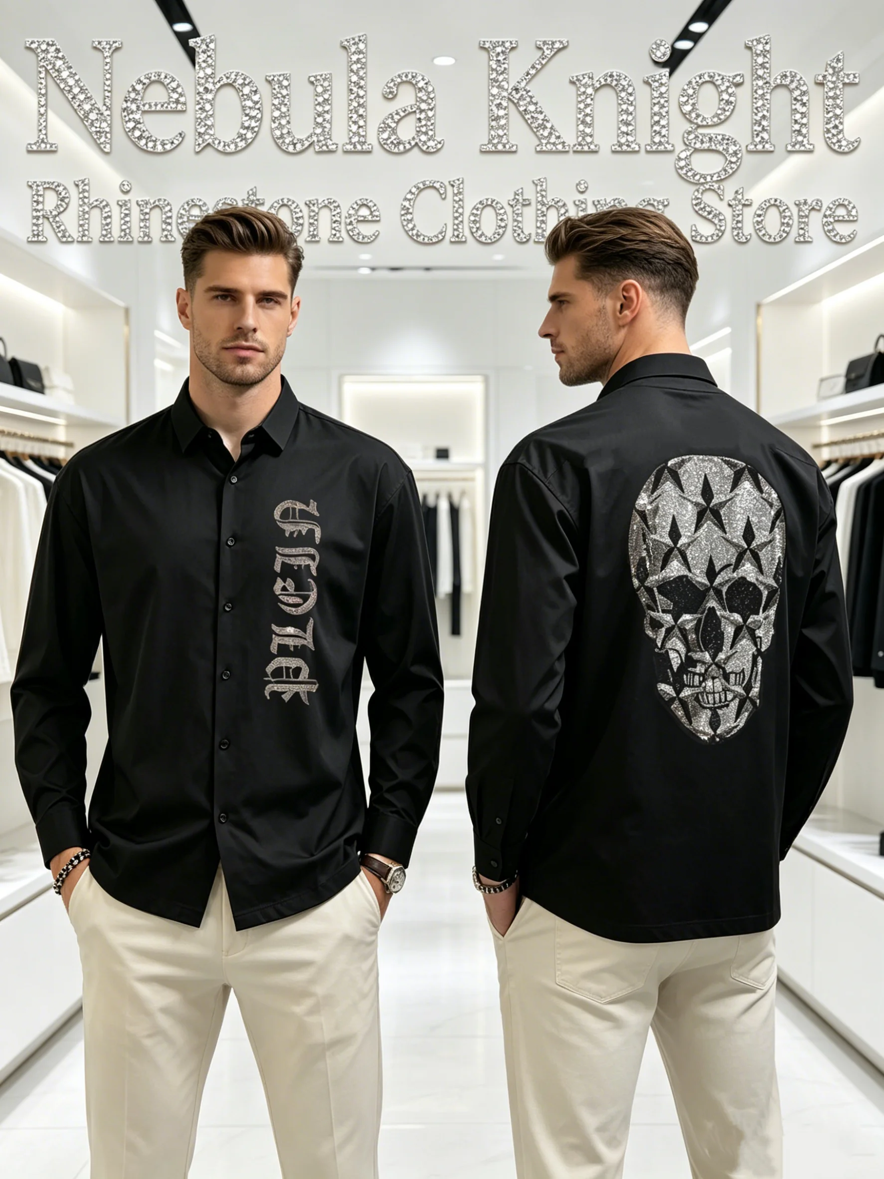 Luxury Mens Black Button Down Shirt Rhinestone Skull Pattern Long Sleeve Slim Fit High Street Business Daily Casual Tops