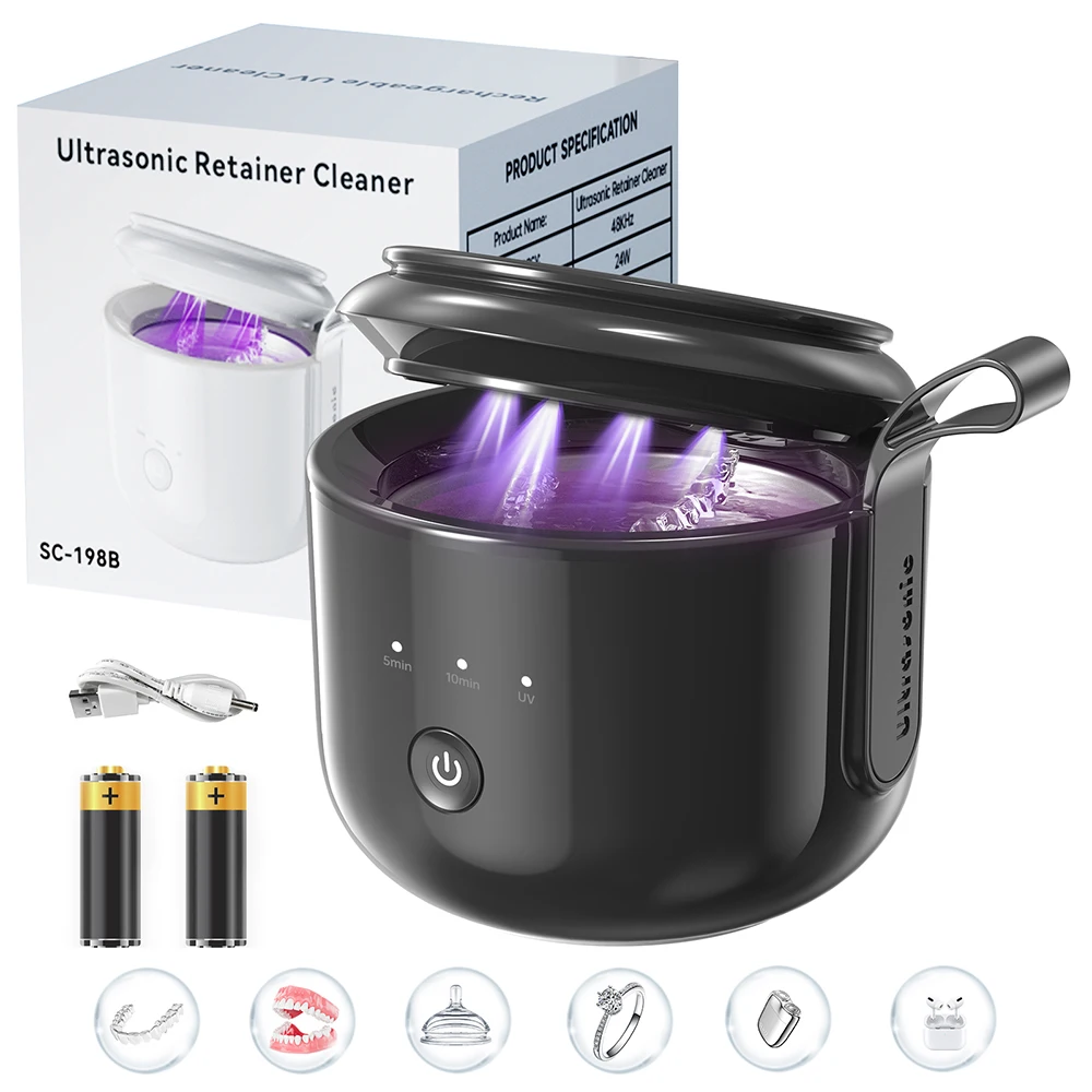 KUNPHY 48kHz Ultrasonic Retainer Cleaner Machine 200ML UV Denture Pod Cleaner 3 Modes with Battery USB for Aligner Jewelry More