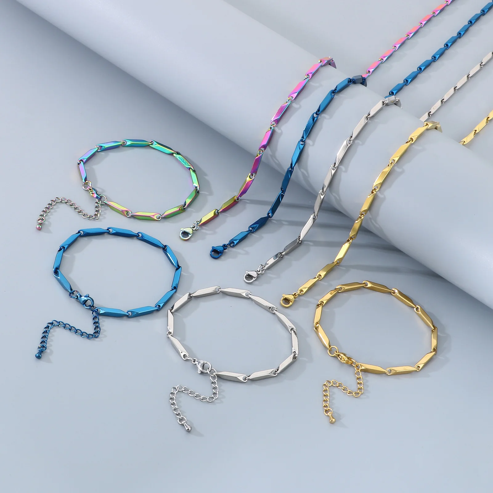 Fongten Simple Elegant Stainless Steel Bracelet Men's Multi Color Spliced Bamboo Chain Fashion Jewelry Set Birthday Gifts