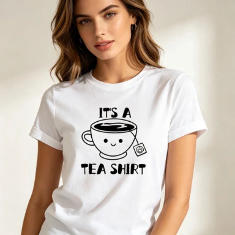 Women It's A Tea Shirt Print T-Shirt Cute Smiley Teacup Graphic Casual Short Sleeve Round Neck Funny  Tee Top White Black