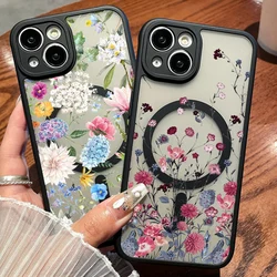 Flowers Print Magnetic Matte Case For iPhone 17 17e 16e 16 15 14 13 12 Pro Max 11 For Magsafe Wireless Charge Hard Phone Cover