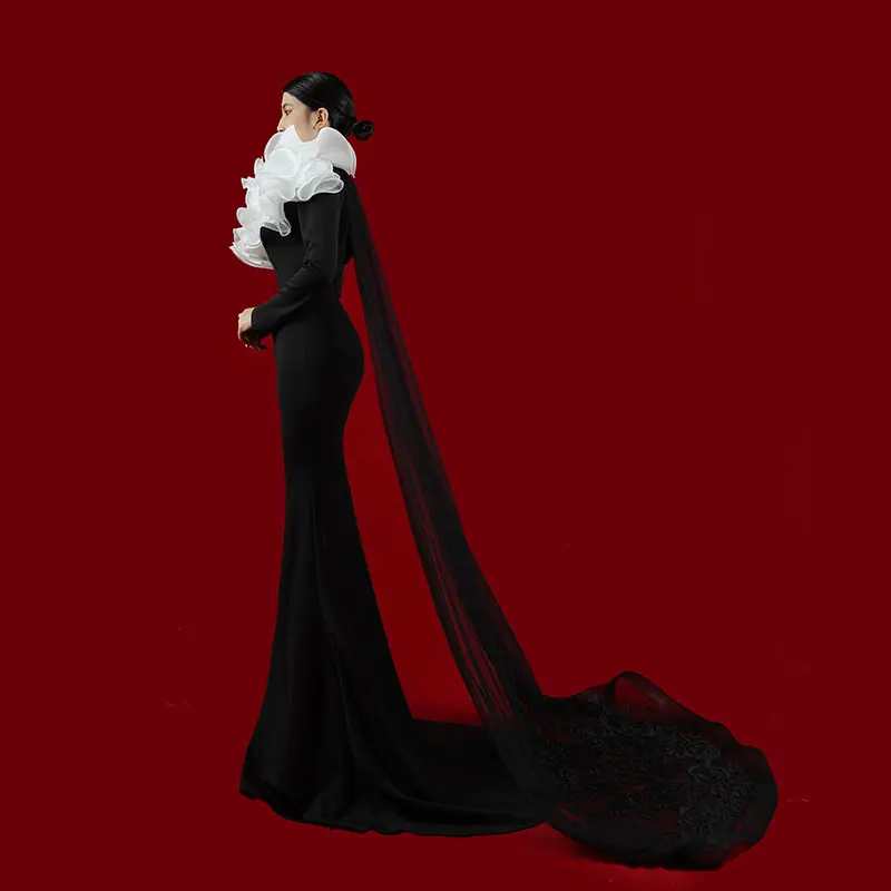 Bai Sha-Vestido de noite manga comprida personalizado, vestidos de festa elegantes, preto, flores 3D, H1580, 2024