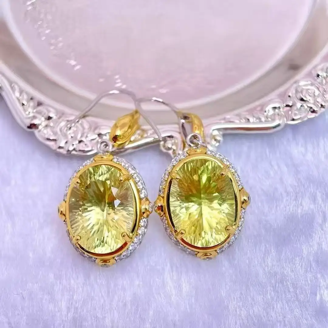 Natural Citrine Dangle Earrings, 925 Silver Two-Tone Fine Setting 12x16mm Main Stones, Crystal Jewelry Gift for Women