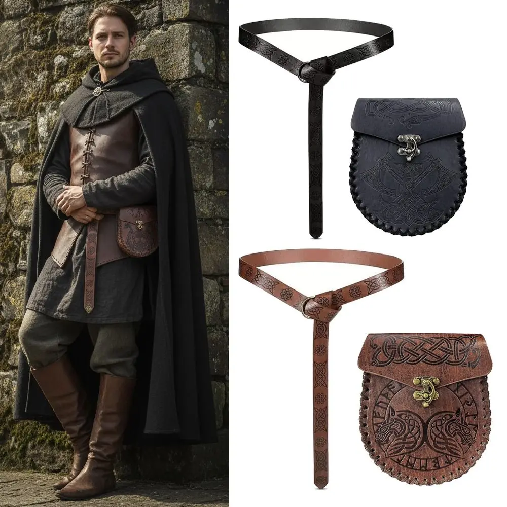 

Retro Embossed Medieval Knight Belt PU Leather Renaissance Waist Bag Belts Viking Waist Pack Set Cosplay Accessories