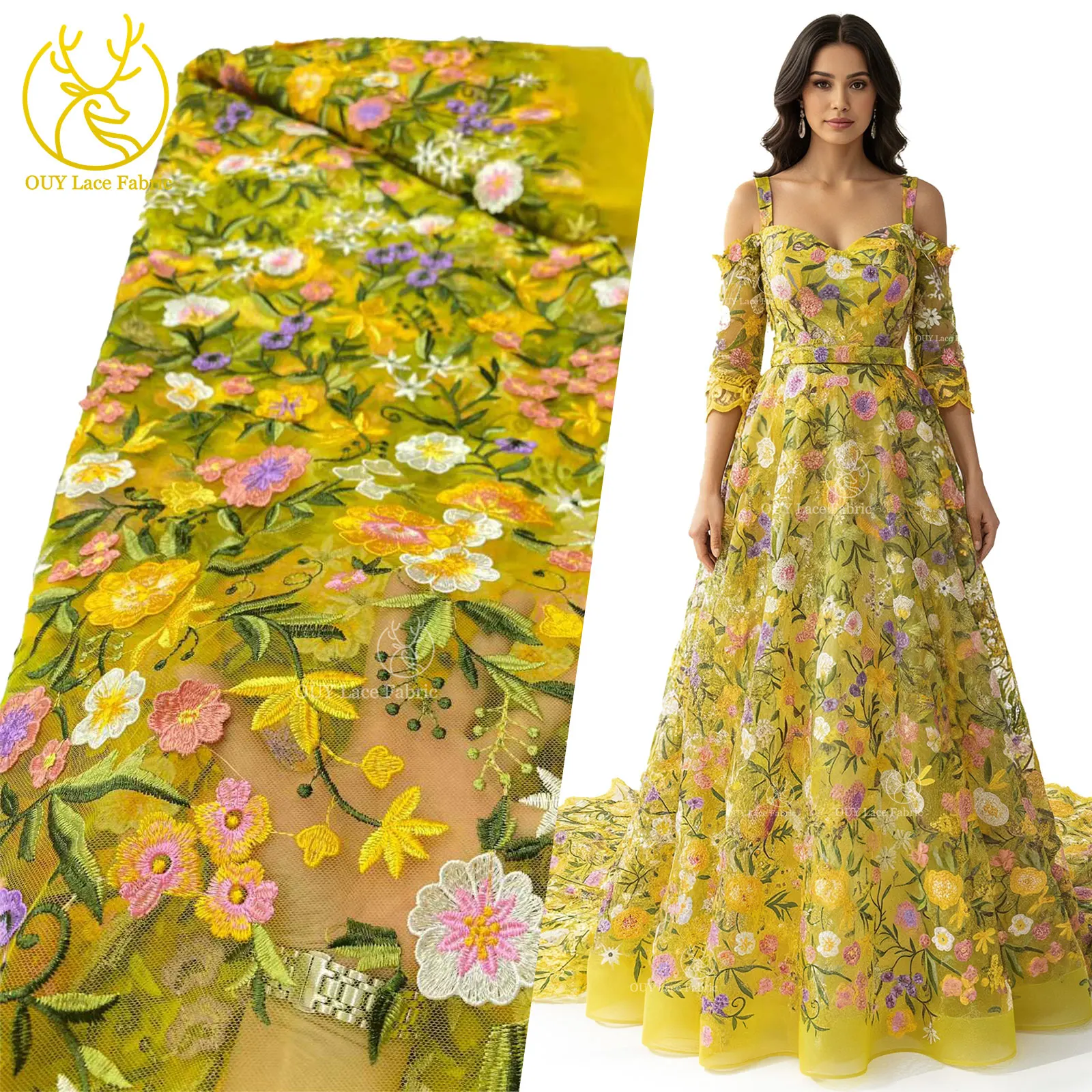 

Yellow African Floral Embroidered Lace Fabric with Sequins 2026 High-Quality Fashion French Wedding Dress Lace Gown Sewing