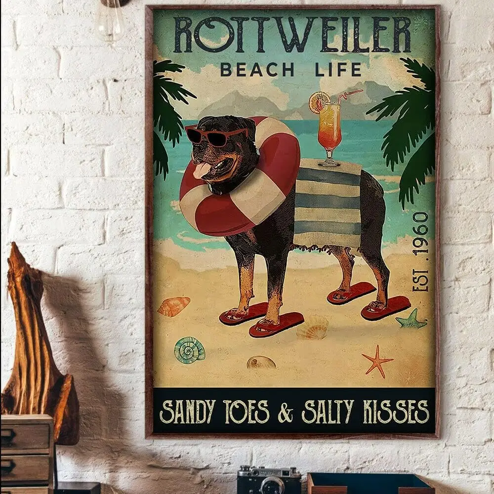 Metal Decorations for Outside Wall Rottweiler Summer Vintage Beach Life Sandy Toes Salty Kisses Rottweiler Tin Sign Poster Vinta