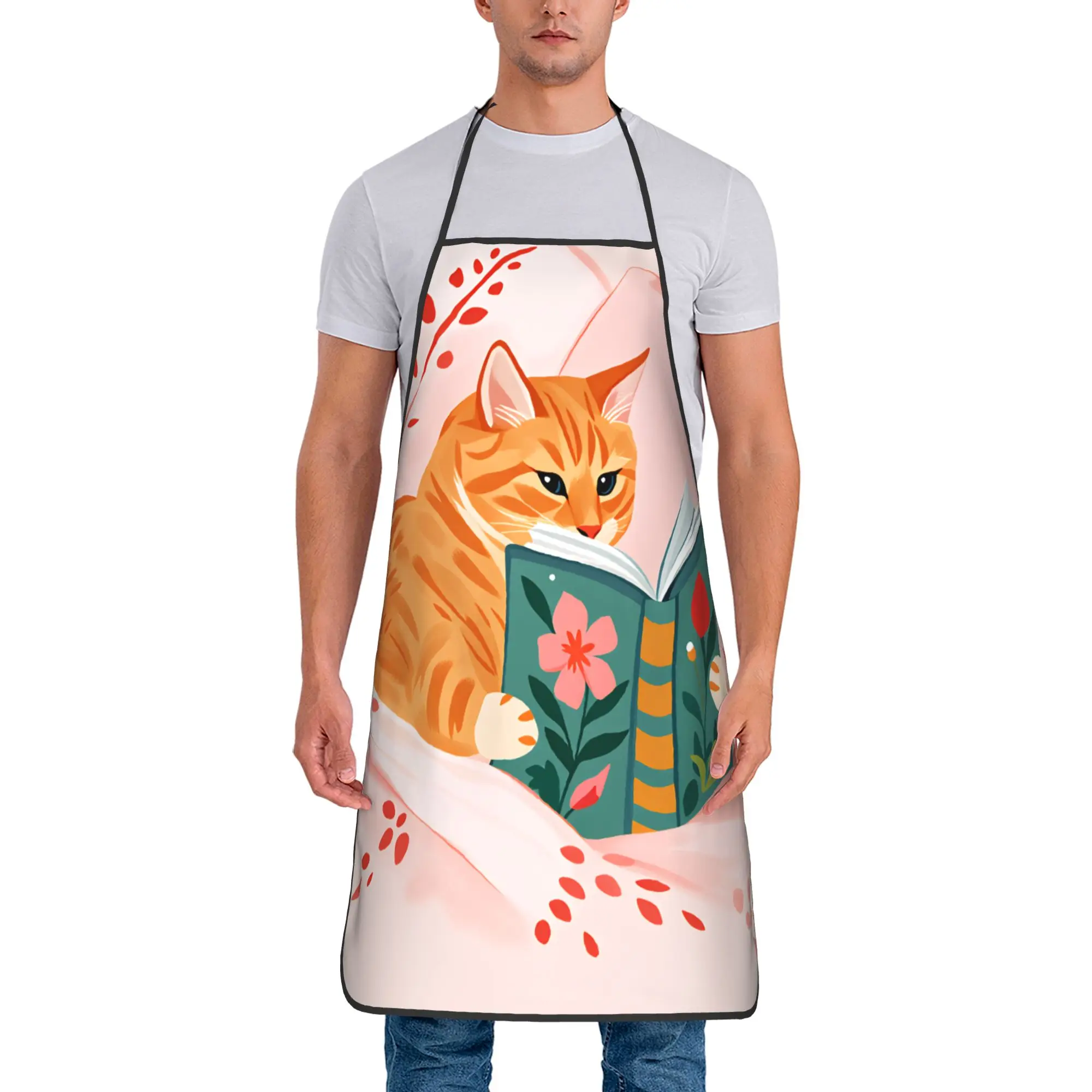 

Whimsical Reading Cat Apron Manicure Barbecue Kitchen Accessories Cooking Cute Aprons without Pocket