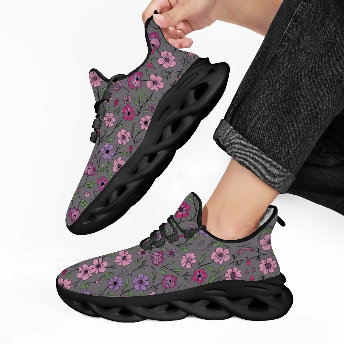 

Women's Fleece Lined Floral Sneakers with Pink Purple Flowers Outdoor Breathable Athletic Gym Men Tennis Footwear Zapatillas