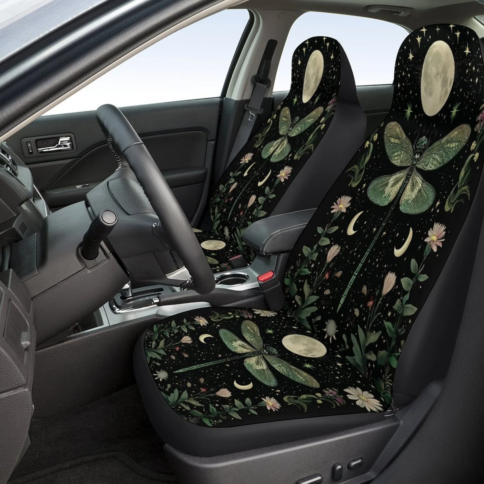 Dragonfly Moon Garden Designed Seat Cover Set For Most Cars, Fashion Novelty Seat Protector Covers Full Set, Seat Covers Fo