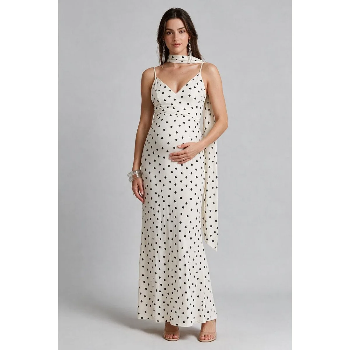 Ivory Polka Dot Milk Silk Maternity Dress For Baby Shower & Vacation YD260835
