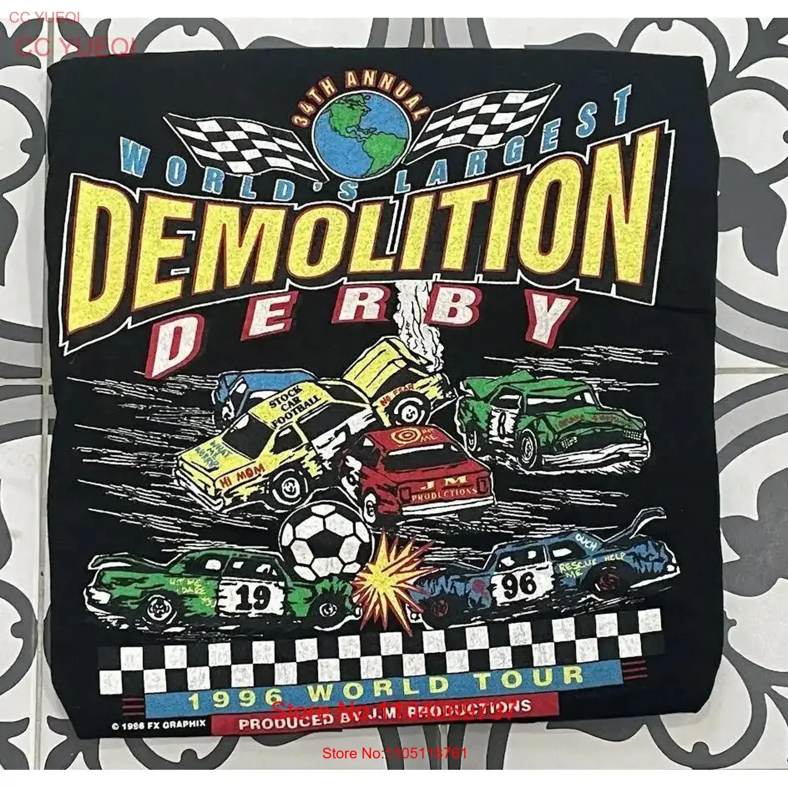 Vintage Stock voiture démolition Derby 1996 Tour du monde t-shirt petit vintage lavé mode légèrement étiré respirant