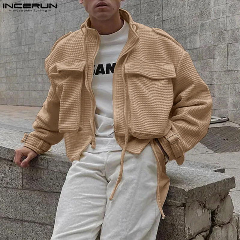 INCERUN Tops 2024 American Style Men Casual Plaid Texture Pocket Jackets Coats Fashionable Male Solid Long Sleeved Jackets S-5XL