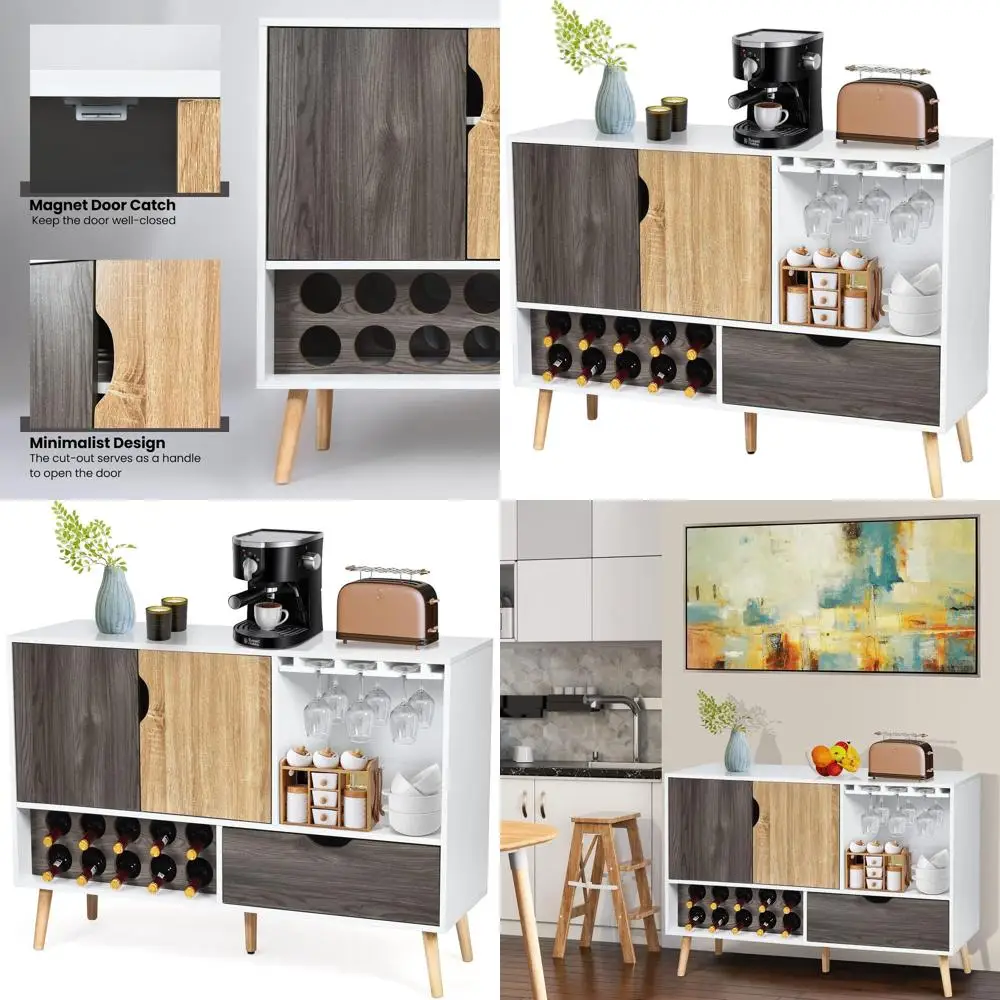 

Multi-Functional Sideboard with Wine Rack, Glass Holder, and Drawers for Kitchen and Living Room