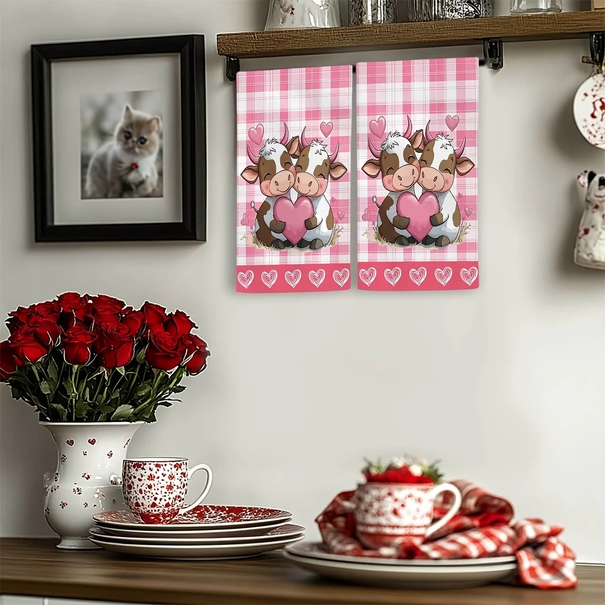 2Pcs, Valentine's Day Pink Plaid Heart-Shaped Cute Cow Kitchen Towel, 40Cm*60Cm Towel Set, Super Absorbent Soft Cleaning Cloth, Cooking and Baking Tea Towel, Hand Towel, Cleaning Cloth, Dishcloth, Kitchen Decoration, Living Room Decoration, Kitchen Essentials, Home Essentials
