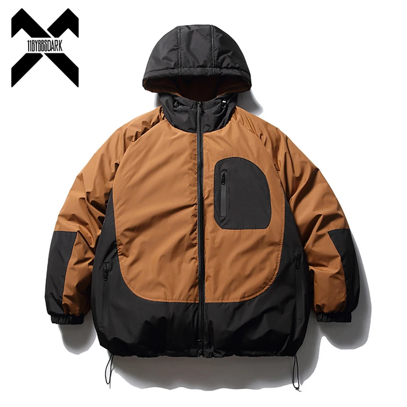 

2023 Winter Cargo Parkas Jacket Men Color Block Patchwork Warm Thick Jackets Coats Hooded Parka Men Padded Coat