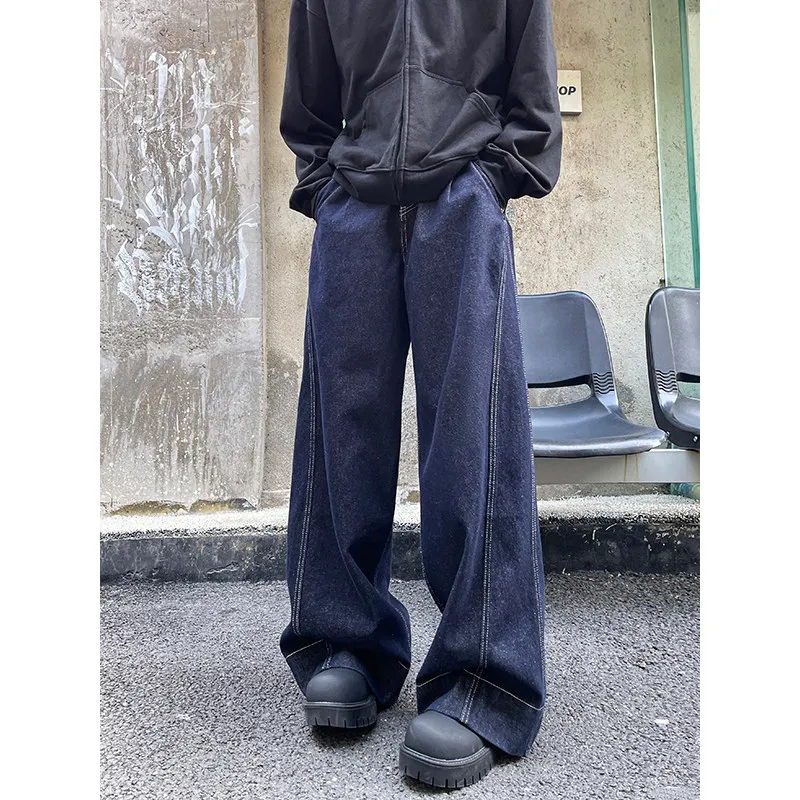 Jeans Denim Kaki Lebar Biru Tua Celana Panjang Potongan Lurus Longgar untuk Pria Celana Panjang Pinggang Rendah Sle Amerika Antik Musim Gugur Musim Dingin