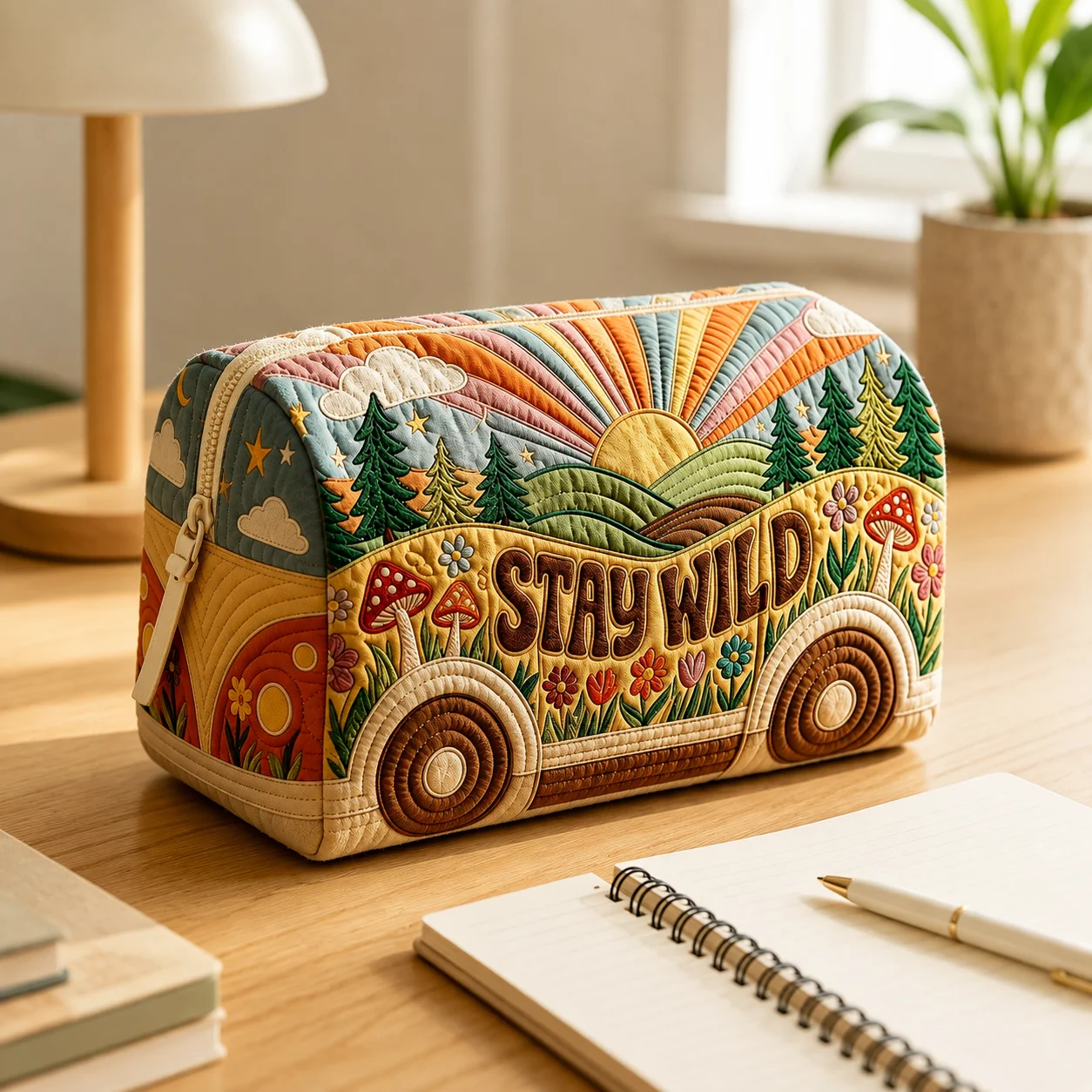 Vintage Printed Cosmetic Bag Quilted Texture Makeup Pouch Retro Van Forest Travel Toiletry Organizer Zipper Storage Case Women