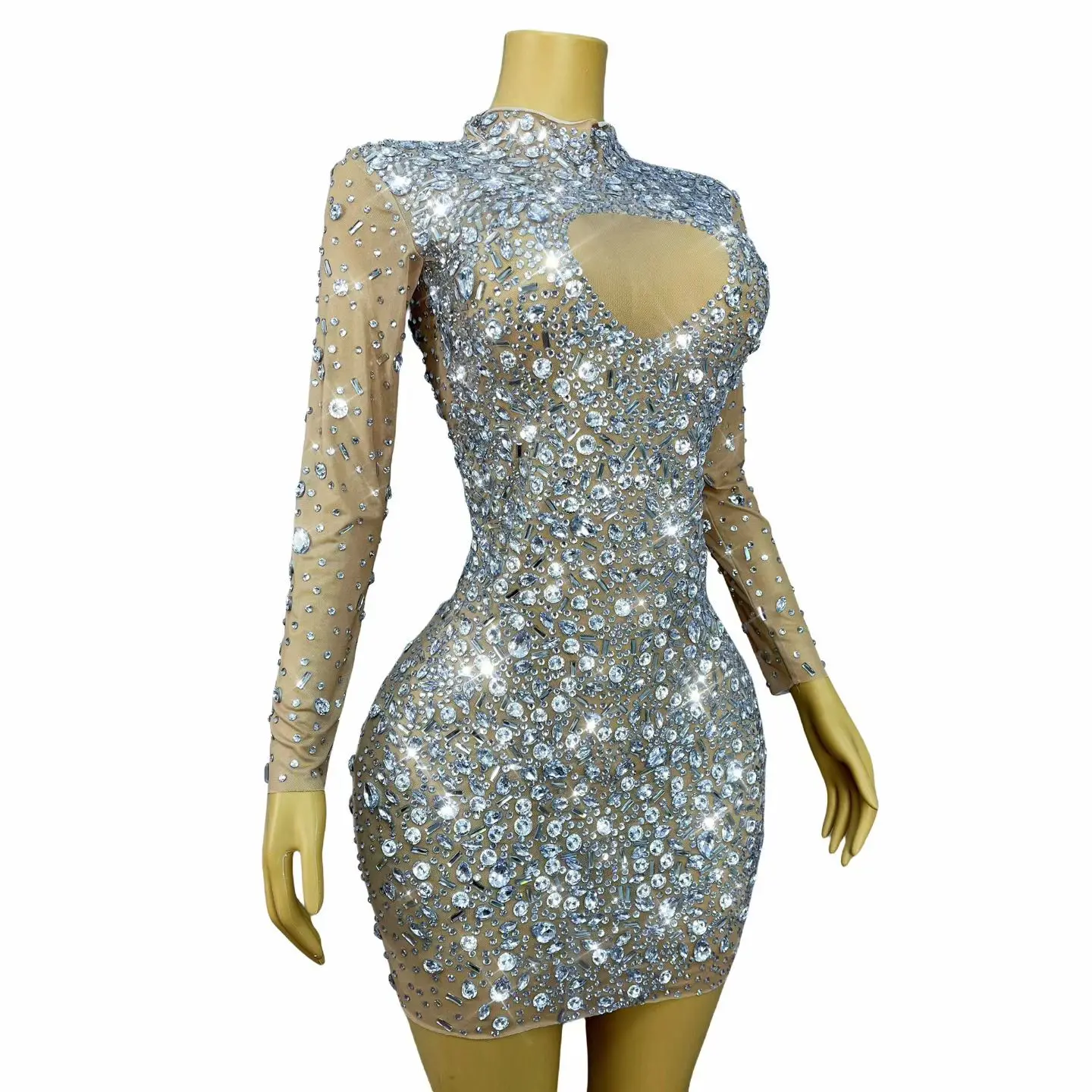 Luksusowa sukienka damska Cuicanduanqun, srebrna, wysadzana diamentami, seksowna, z siateczki, idealna na bankiet, urodziny, koktajl, studniówkę.