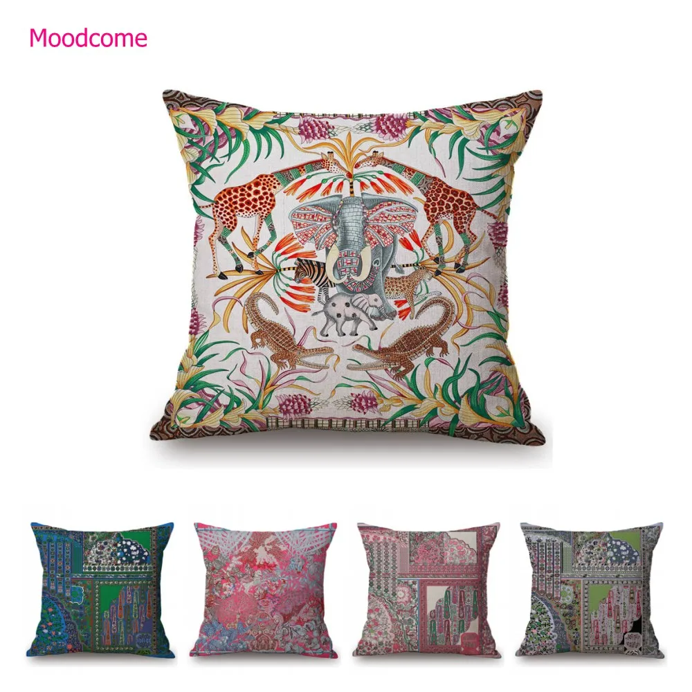 

Luxury Classic Flower Pattern Elephant Animal Decorative Cotton Linen Sofa Pillow Cover Modern Aesthetic Art Cushion Cover Case