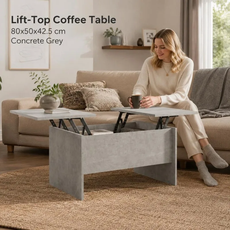 Table Basse Classique en Bois d'Ingénierie 80 x 50 x 42,5 cm, Surface Lisse Résistante à l'Humidité avec Deux Compartiments de Rangement Dissimulés, Plateau Ajustable pour Lecture, Écriture et Consommation, Organisation et Rangement Domestique