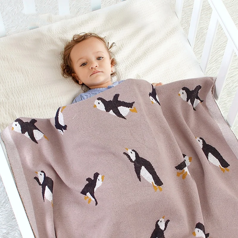 100x80cm Knitted Cartoon Penguin New-Cotton Baby Blankets Newborn Soft Biocotton Infant Stroller Cover Swaddle Wrap Baby Stuff