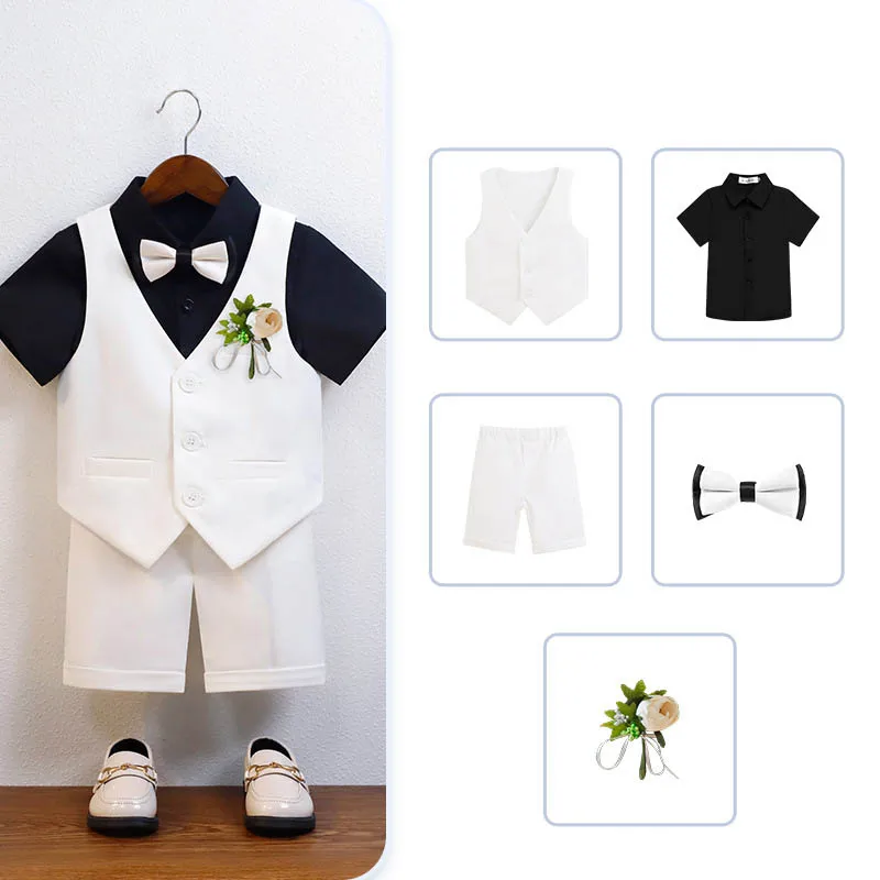 

Boys Breathable Slim Wedding Dress Children Summer White Baptism Photography Suit Kids Vest Shirt Shorts Bowtie Ceremony Costume