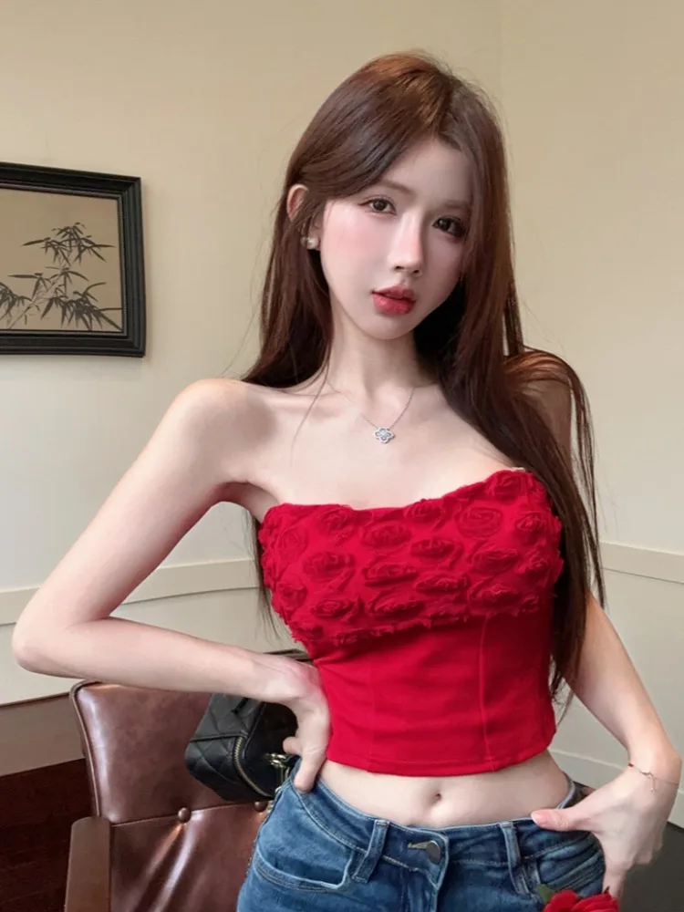 

Elegant Red Rose Floral Tube Top Vest Women's Pure Desire Spicy Innerwear Outerwear One Shoulder Summer Shirt Citywalk Breath...