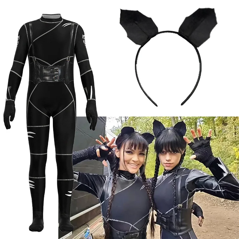 Wednesday Addams Cosplay Costumes Black Cat Jumpsuits Ears Headband Outfit Catsuit Halloween Party Suit For Kids Girls Costum