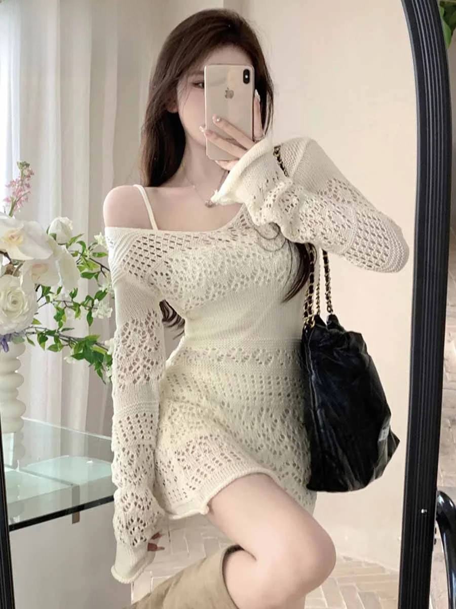 

White Knitted Hollow Long Sve Dr Women's Early Spring 2025 New High-End Spicy Girl Bodycon Skirt Street Sle Slim Fit