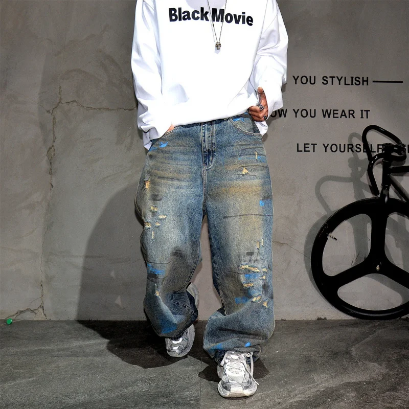 

Мужские джинсы Vibe Streetwear с широкими штанинами и рваными элементами, винтажные, свободные, прямые, из денима