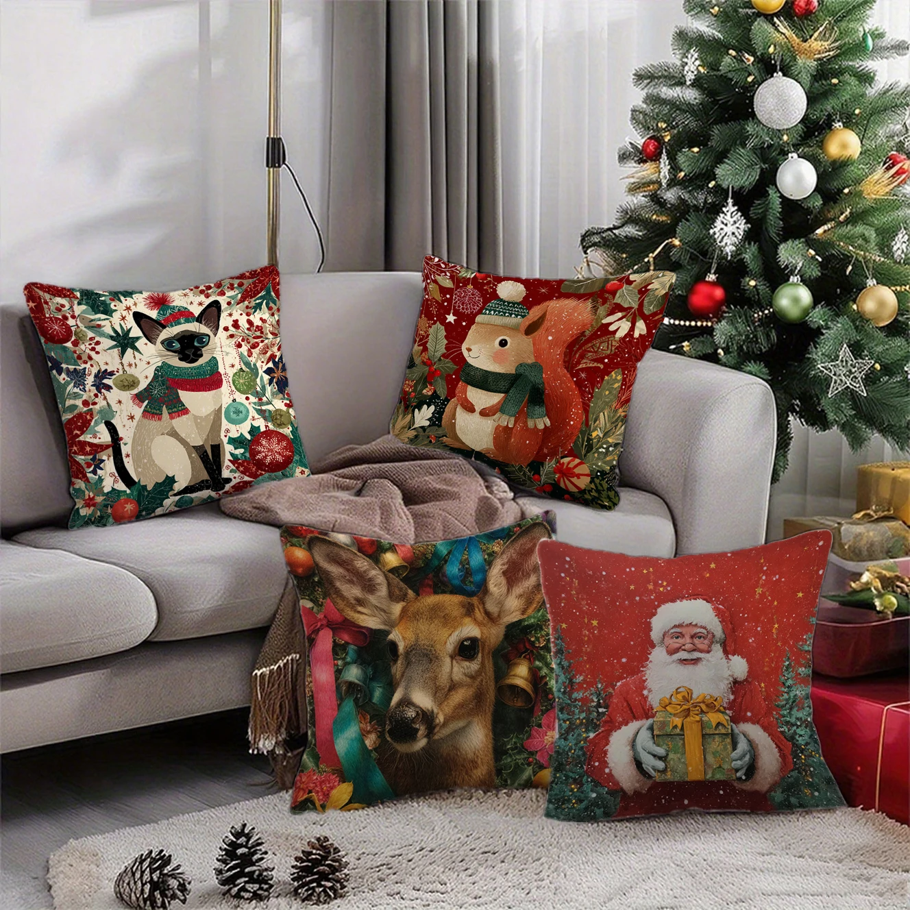 

Наволочка с изображением кота и рождественскими аксессуарами, подходит для дивана, автомобиля, спальни, декоративная наволочка, наволочка