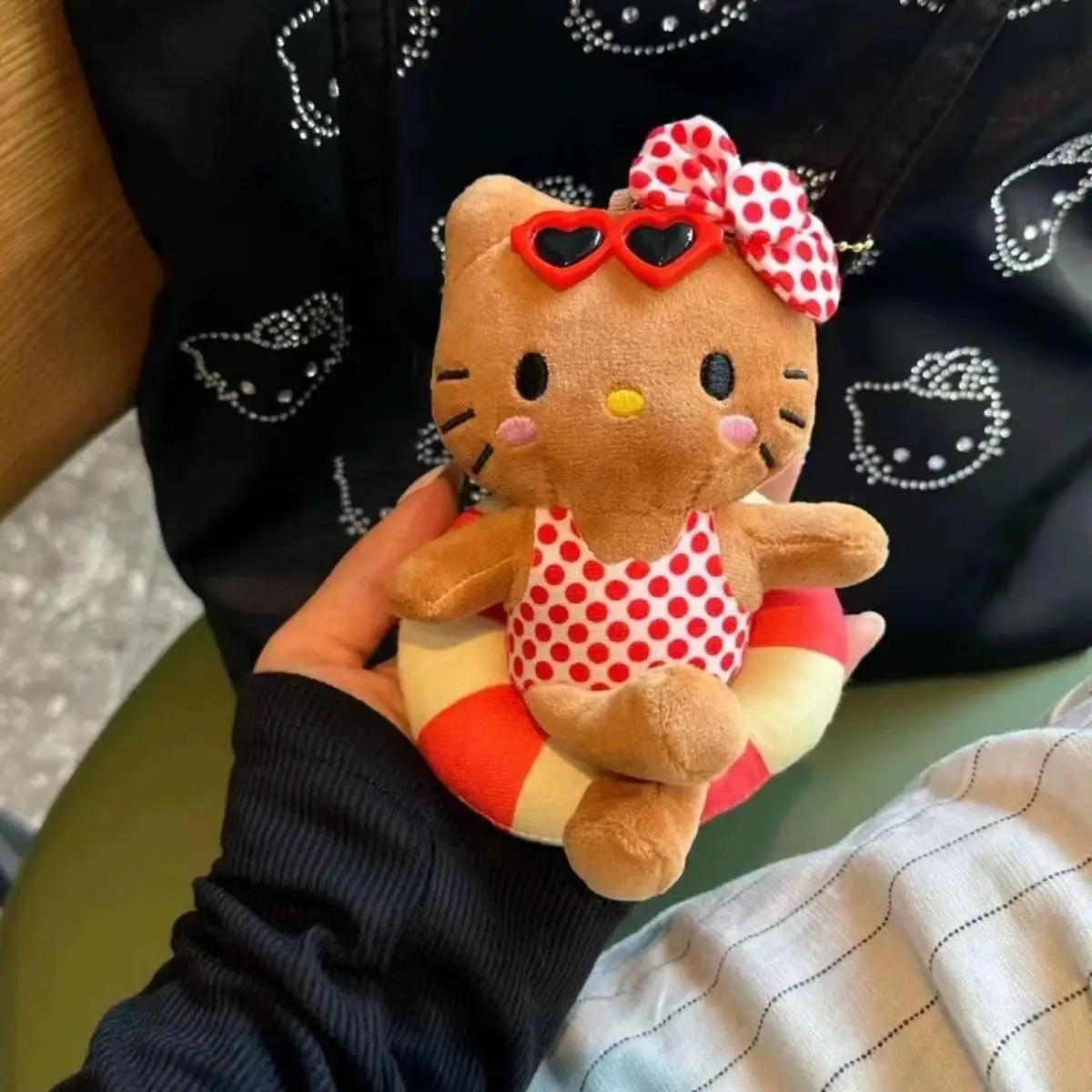 Hello Kitty Cute Black Skin Kt Cat Polka Dot Plush Doll Kawaii Swimming Circle Toy Fluffy Keychain Pendant Periphery Gift