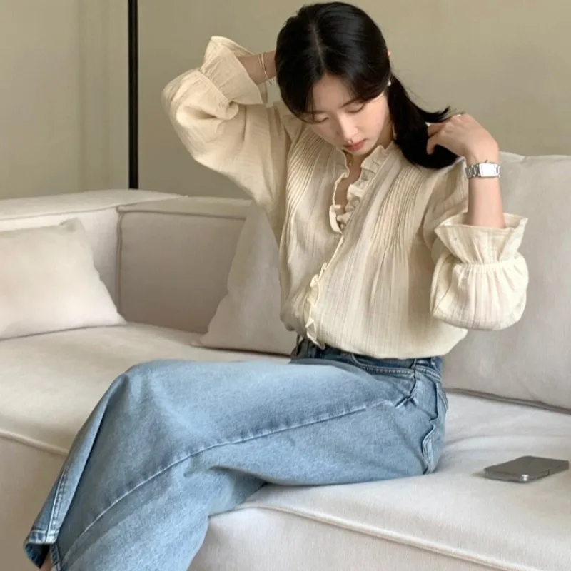 أنيقة المرأة irt خمر لطيف Earlet V-Ne مطوي الملمس الإحساس متوهج Sve أعلى تخفيف Sle طويل Sve